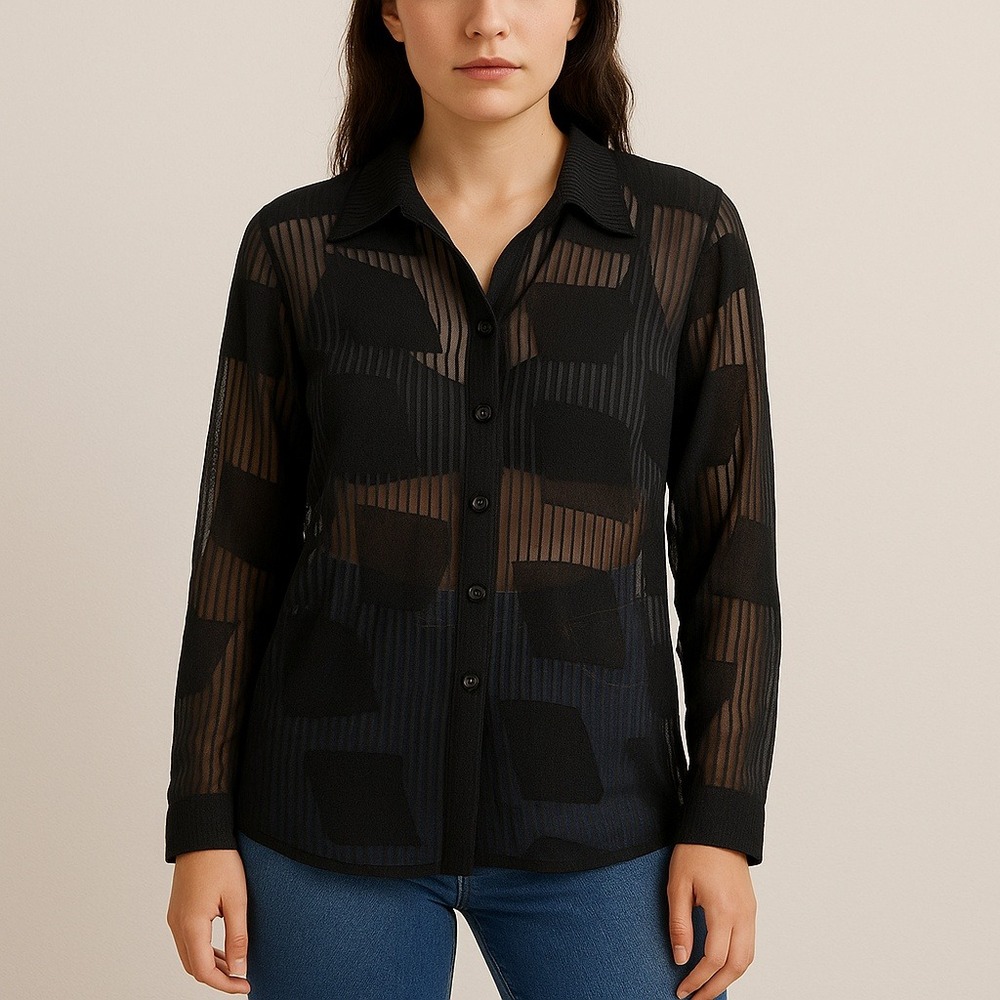 Vintage Carina M Sheer Black Button Down Blouse‎ Geometric Abstract Top Korea
